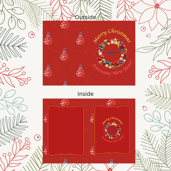 Folded Wreath Christmas &amp; New Year Card- Portrait. Printable- instant download, 10x7 In.
