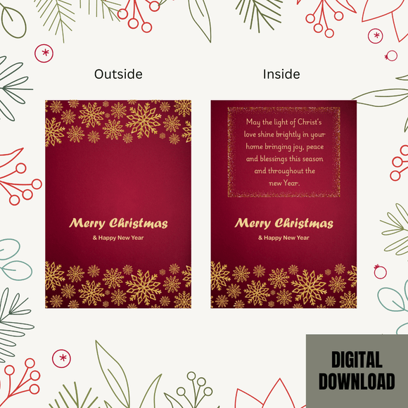 Lovely Gold and Burgundy Christmas &amp; New Year Card- Landscape. Printable- instant download, 7x10 In.