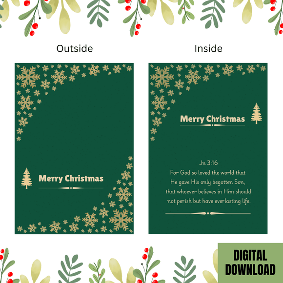 Beautiful Green &amp; Gold Seasonal Christmas Card- Landscape. Printable- instant download, 7x10 In.