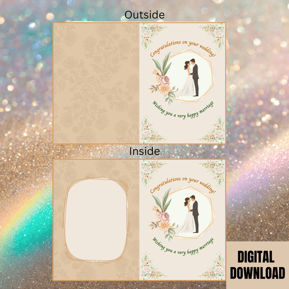 Beautiful Wedding Congratulations Folded Card- Portrait. Printable- instant download, 21x14.8 cm.