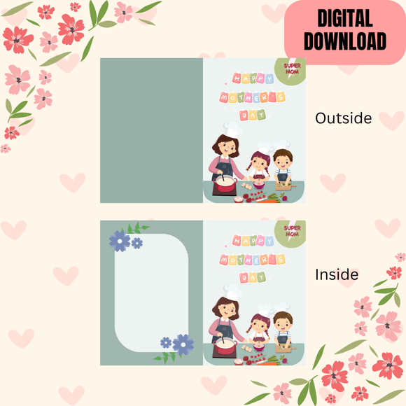 Mom &amp; Kids Folded Mother&#x27;s Day Card- Portrait. Printable- instant download, 21 x 14,8 cm.