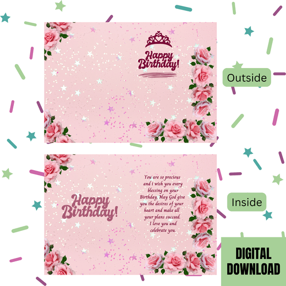 Cute Happy Birthday Folded Card- Portrait, Printable- instant download, 10x7 In