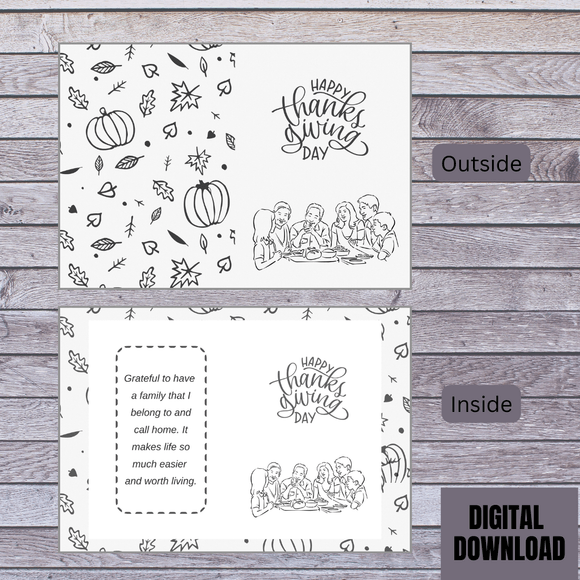 Beautiful Family Thanksgiving Folded Card- Portrait. Printable- instant download, 10x7 In