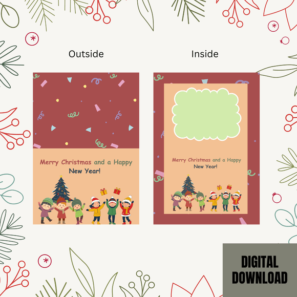 Lovely Kids Christmas &amp; New Year Folded Card- Landscape. Printable- instant download, 7x10 in.