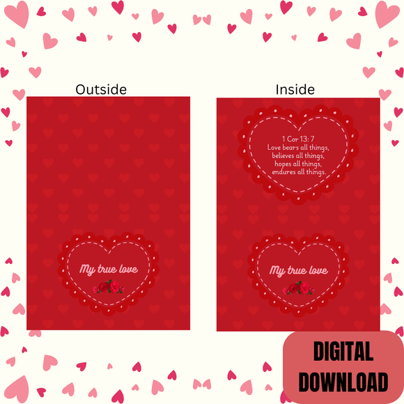 My True Love Folded Couple Card- Landscape. Printable- instant download, 7x10 In.