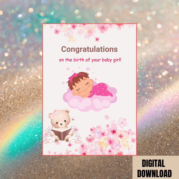 Baby Girl Congratulations Card- Portrait. Printable- instant download, 5x7 in.