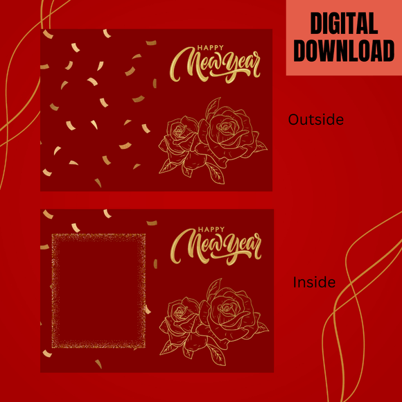 Cute Golden Flower New Year Folded Card- Portrait. Printable- instant download, 10x7 In.