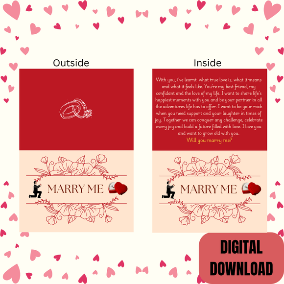 Marry Me Folded Couple Card- Landscape. Printable- instant download, 7x10 In.