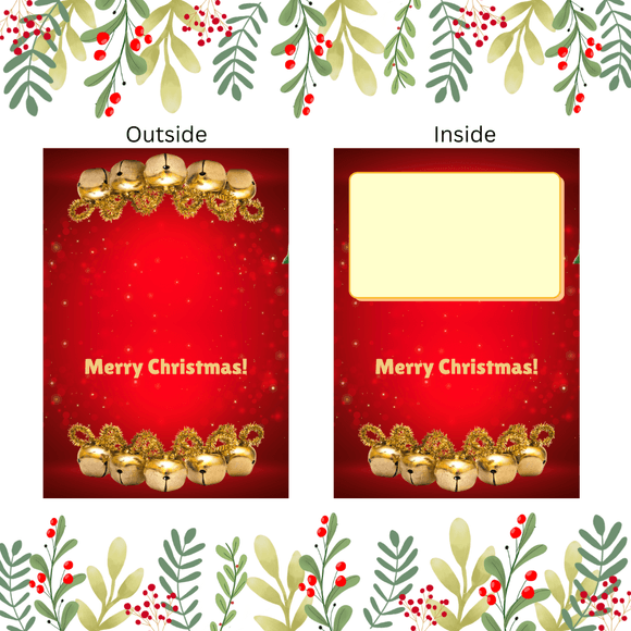 Folded Bells Christmas Card- Landscape. Printable- instant download, 7x10 In.