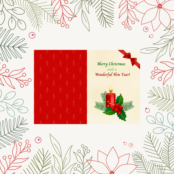Folded Candle Christmas &amp; New Year Card- Portrait. Printable- instant download, 10x7 In.
