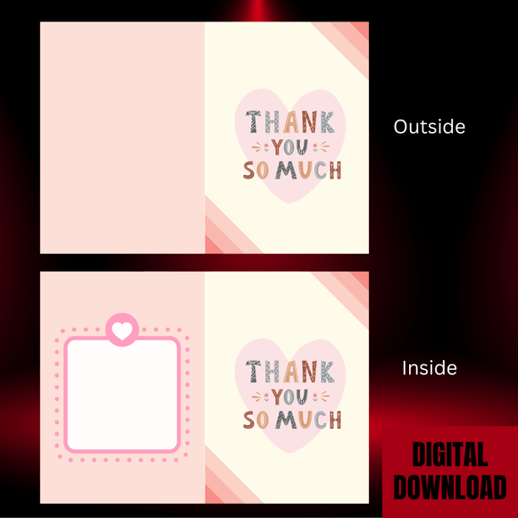Cute Hearty Thank You Folded Card- Portrait. Printable- instant download, 21x14.8 cm
