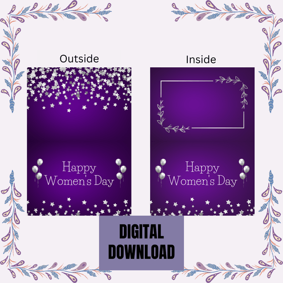 Cute Purple and Silver Folded Women&#x27;s Day Card- Landscape. Printable- instant download, 7x10 In.