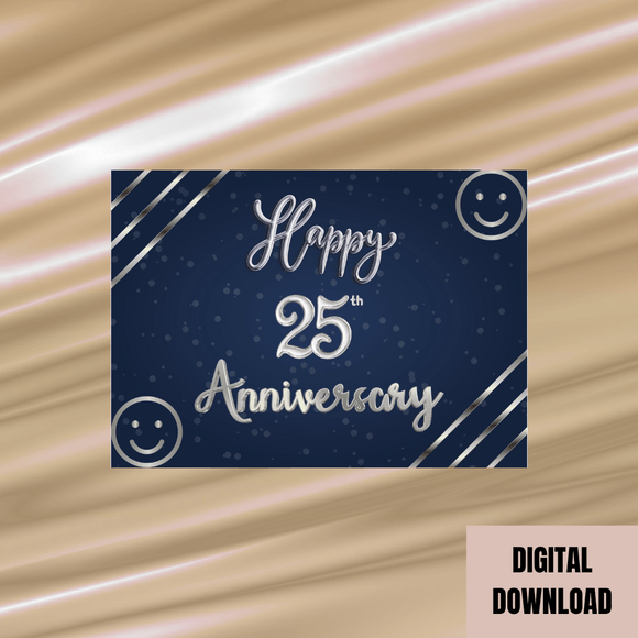 Cute 25th Anniversary Card- Landscape. Printable- instant download, 7x5 In.