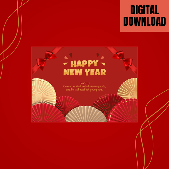 Beautiful Happy New Year Card- Landscape. Printable- instant download, 7x5 In.