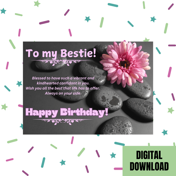 Beautiful Bestie Birthday Card- Landscape. Printable- instant download, 7x5 In