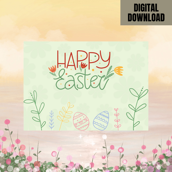 Cute &amp; Simple Floral Easter Card- Landscape. Printable- instant download, 7x5 In.