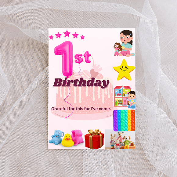 1st Birthday Card- Pink (Portrait). Printable- instant download, 5x7 In