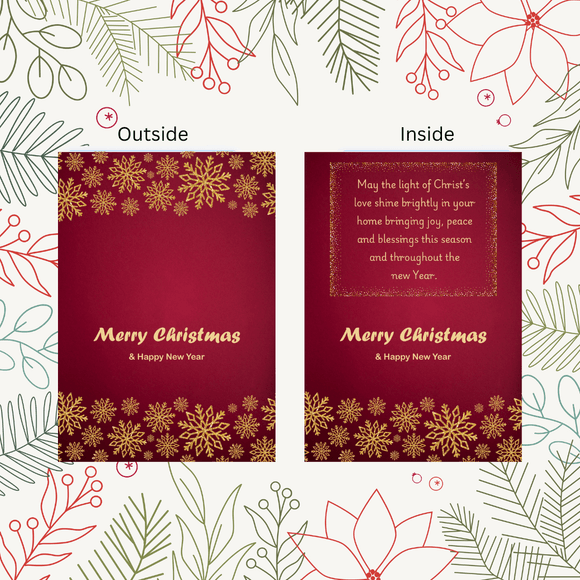 Folded Gold and Burgundy Christmas &amp; New Year Card- Landscape. Printable- instant download, 7x10 In.