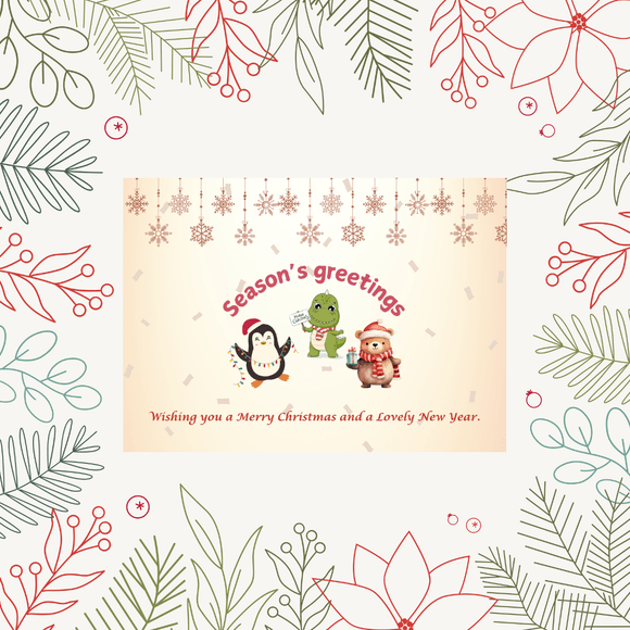 Animal Christmas &amp; New Year Card- Landscape. Printable- instant download, 7x5 In.