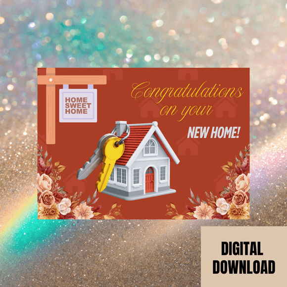 Cute New Home Congratulations Card- Landscape. Printable- instant download, 7x5 In.