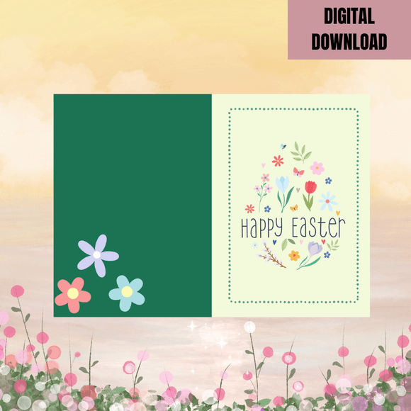 Beautiful Floral Folded Easter Card- Portrait. Printable- instant download, 10x7 In.
