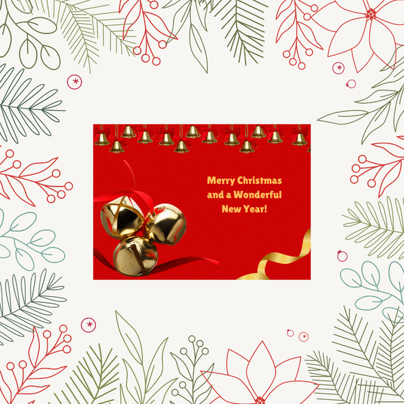 Bells Christmas &amp; New Year Card- Landscape. Printable- instant download, 7x5 in.