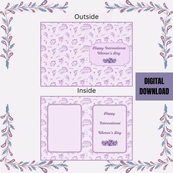 Purple Floral Folded Women&#x27;s Day Card- Portrait. Printable- instant download, 10x7 In.