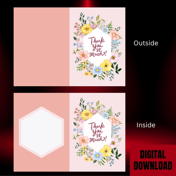 Cute Flowery Thank You Folded Card- Portrait. Printable- instant download, 21x14.8 cm