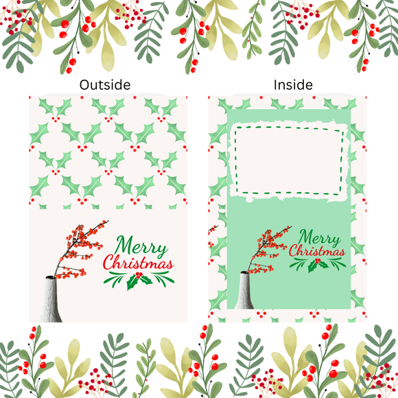 Folded Holly Christmas Card- Landscape. Printable- instant download, 7x10 In.