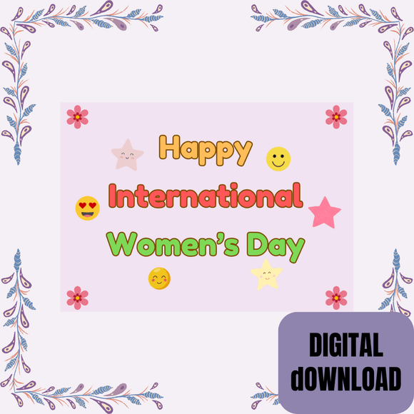 Cute Colorful Women&#x27;s Day Card- Landscape. Printable- instant download, 7x5 In.
