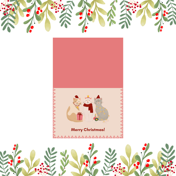 Folded Cat Christmas Card- Landscape. Printable- instant download, 7x10 In.