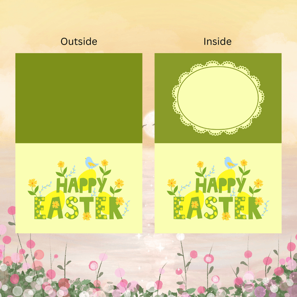 Cute Folded Happy Easter Card- Landscape. Printable- instant download, 5.8 x 8.2 In.