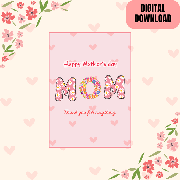 Cute Happy Mother&#x27;s Day Card- Portrait. Printable- instant download, 5x7 In.