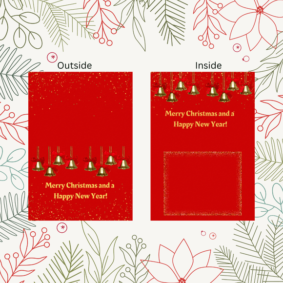 Folded Bells Christmas &amp; New Year Card- Landscape. Printable- instant download, 7x10 In.