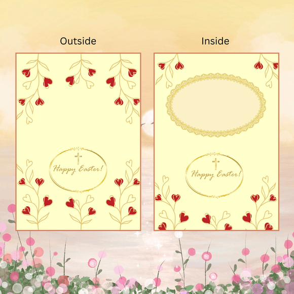 Red &amp; Gold Floral Folded Easter Card- Landscape. Printable- instant download, 5.8 x 8.2 In.