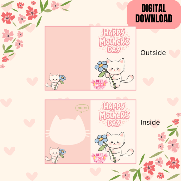 Beautiful Kitty Folded Mother&#x27;s Day Card- Portrait. Printable- instant download, 21 x 14.8 cm.