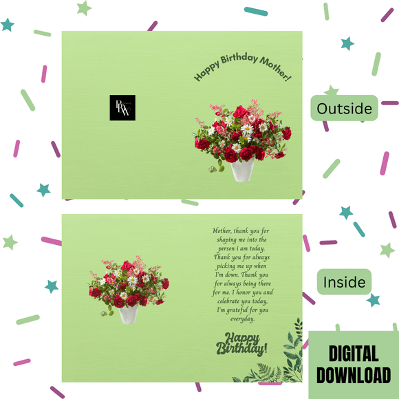 Cute Mother Birthday Folded Card- Portrait. Printable- instant download, 10x7