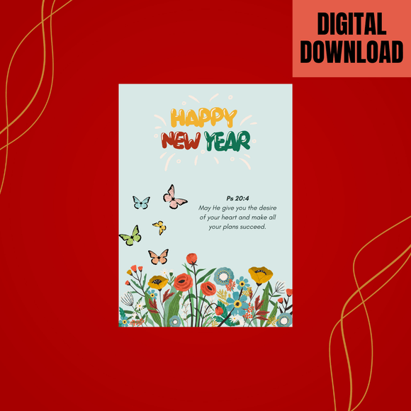 Cute Floral New Year Card- Portrait. Printable- instant download, 5x7 In.