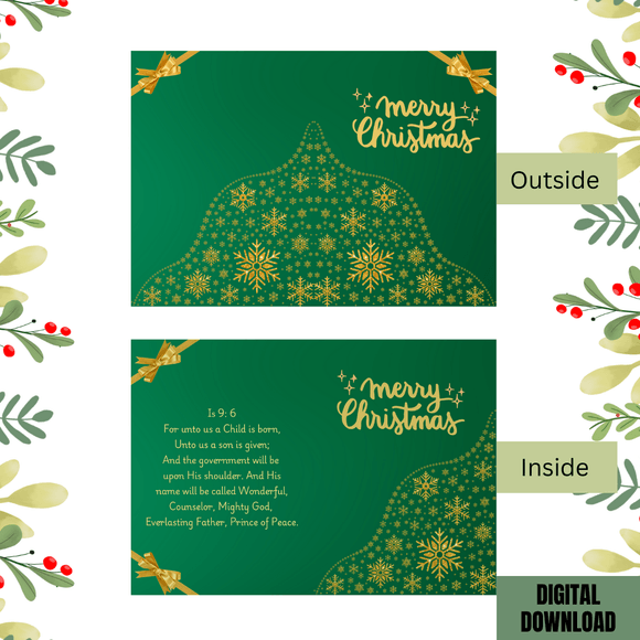 Cute Green and Gold Christmas Folded Card- Portrait. Printable- instant download, 10x7 In.