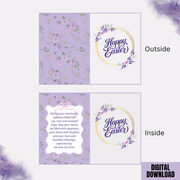 Beautiful Purple Folded Easter Card- Portrait. Printable- instant download, 8.2 x 5.8 In.