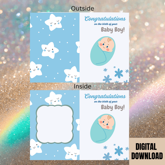 Baby Boy Congratulations Folded Card- Portrait. Printable- Instant download, 21x14.8 cm.