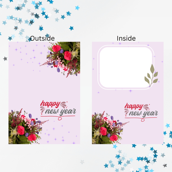 Folded Mixed Flower New Year Card- Landscape. Printable- instant download, 7x10 In.