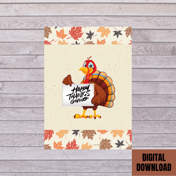 Beautiful Turkey Thanksgiving Card- Portrait. Printable- instant download, 5x7 In