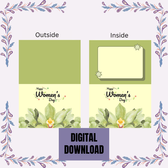 Cute Green Floral Folded Women&#x27;s Day Card- Landscape. Printable- instant download, 7x10 In.
