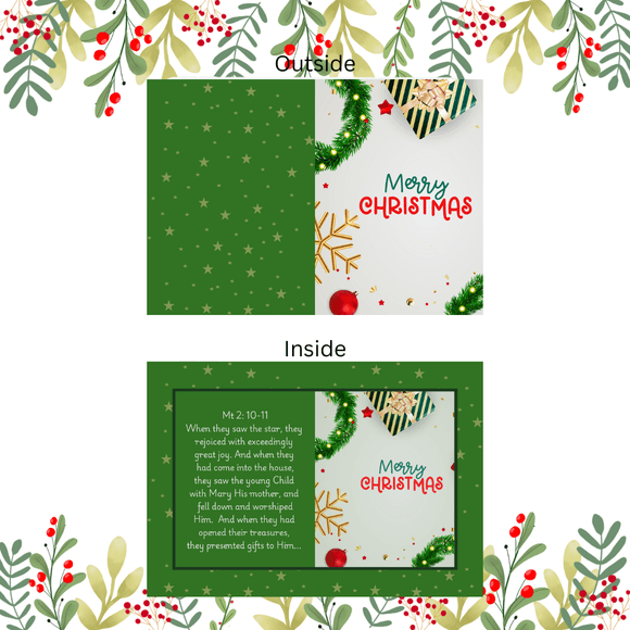 Folded Green Christmas Card- Portrait. Printable- instant download, 10x7 In.