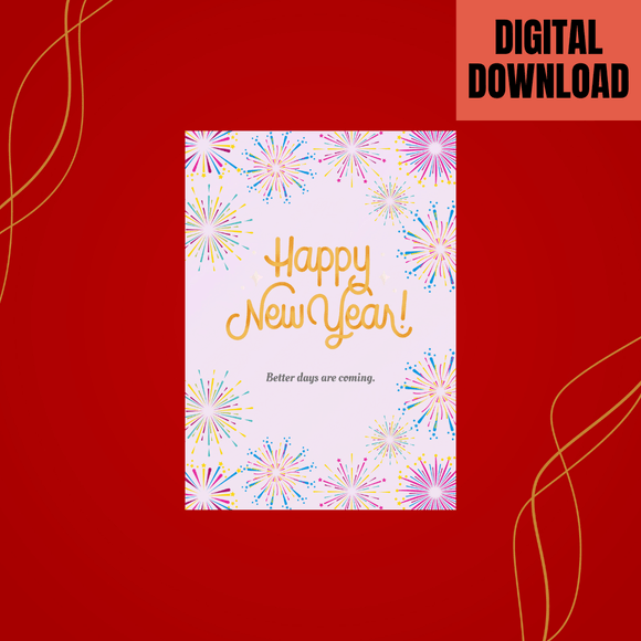 Cute Firework New Year Card- Portrait. Printable- instant download, 5x7 In.