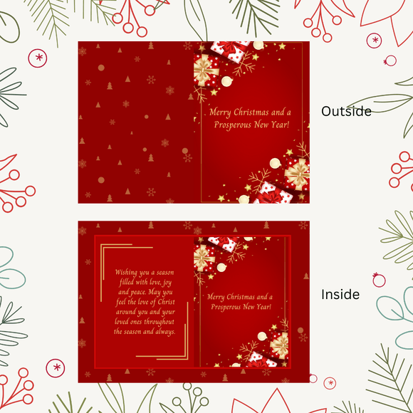 Cute Red Seasonal Christmas &amp; New Year Folded Card- Portrait. Printable- instant download, 10x7 In.
