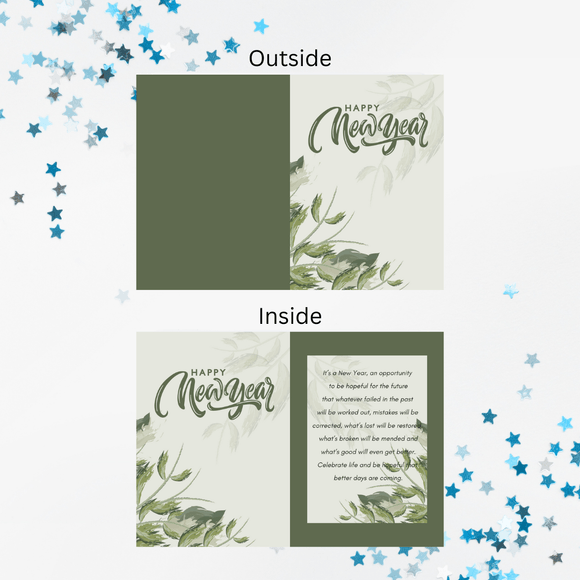 Folded Green Flower New Year Card- Portrait. Printable- instant download, 10x7 In.