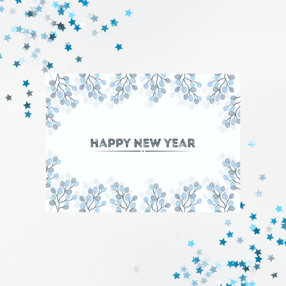 Blue Flower New Year Card- Landscape. Printable- instant download, 7x5 In.