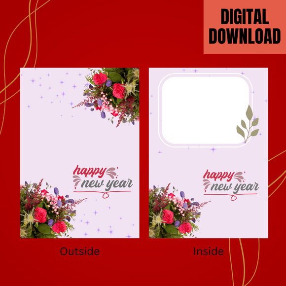 Lovely Floral New Year Folded Card- Landscape. Printable- instant download, 7x10 In.
